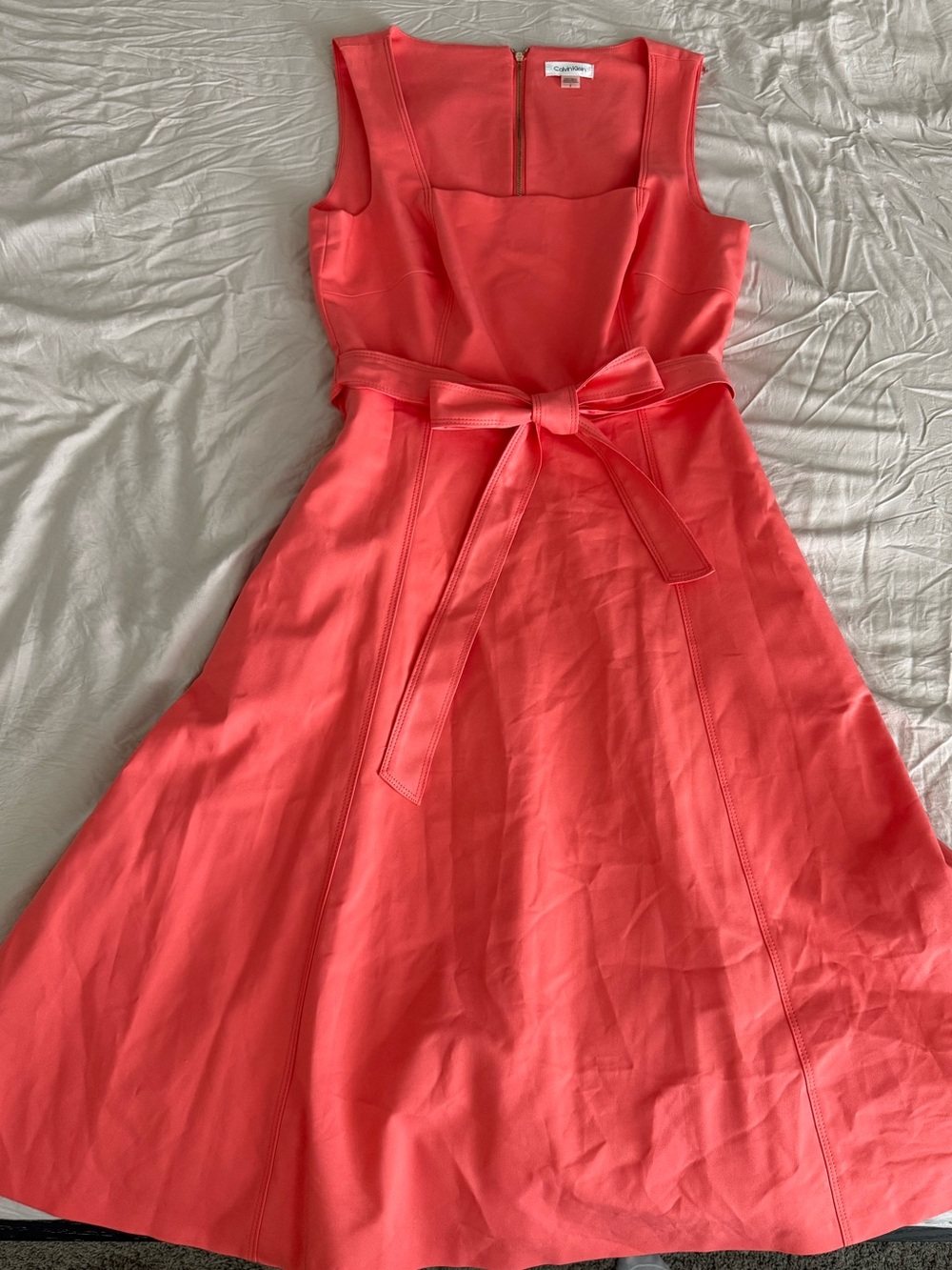 NWT Calvin Klein Coral Sleeveless A-Line Dress with Tie Belt